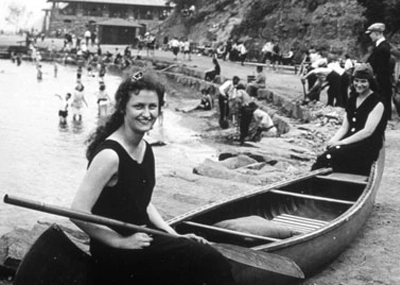 Canoeists with Hazard's Bathhouse in background, circa 1920 | PIPC Archives